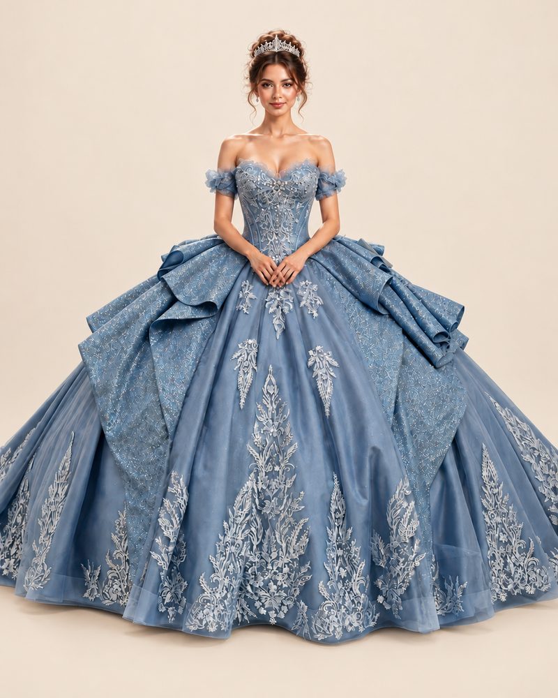 Vestido de XV Abril en color azul cenizo