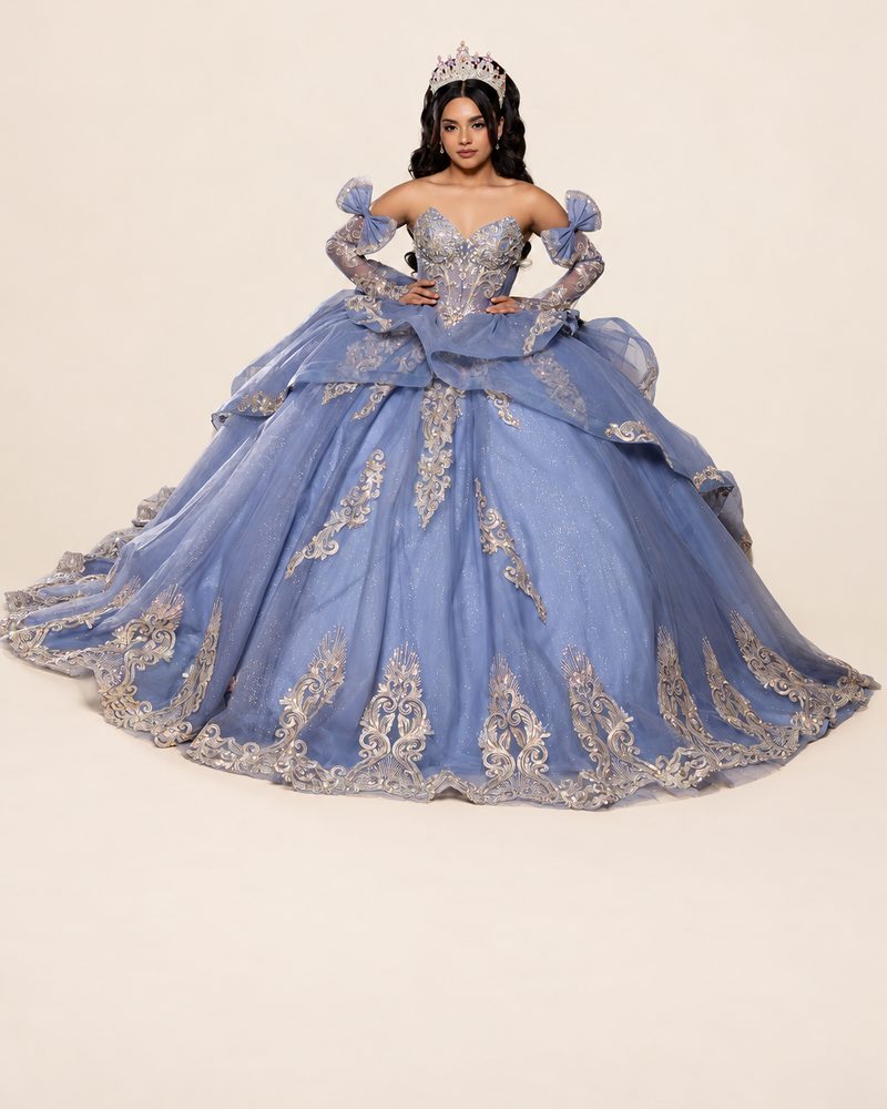 Vestido de XV Anaís en color azul cenizo