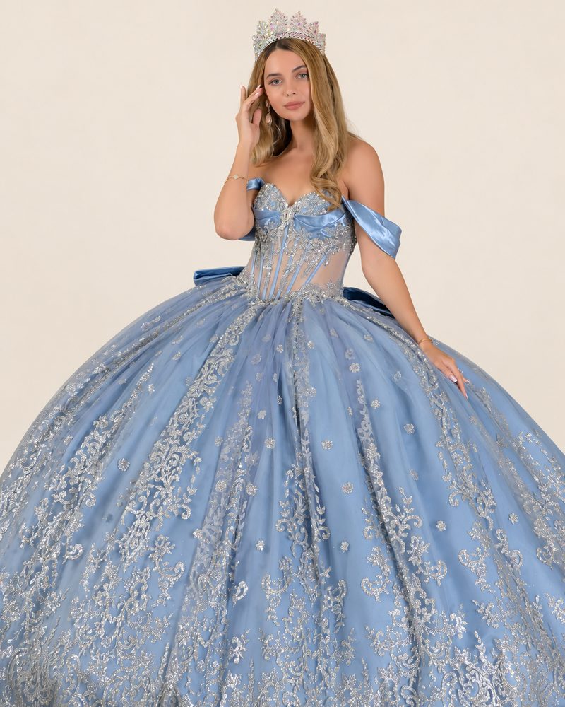 Vestido de XV Belinda en color azul cenizo