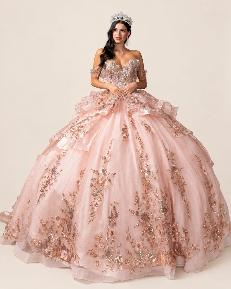 Vestido de XV Celeste en color oro rosa