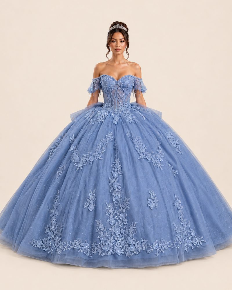 Vestido de XV Dani en color azul cenizo
