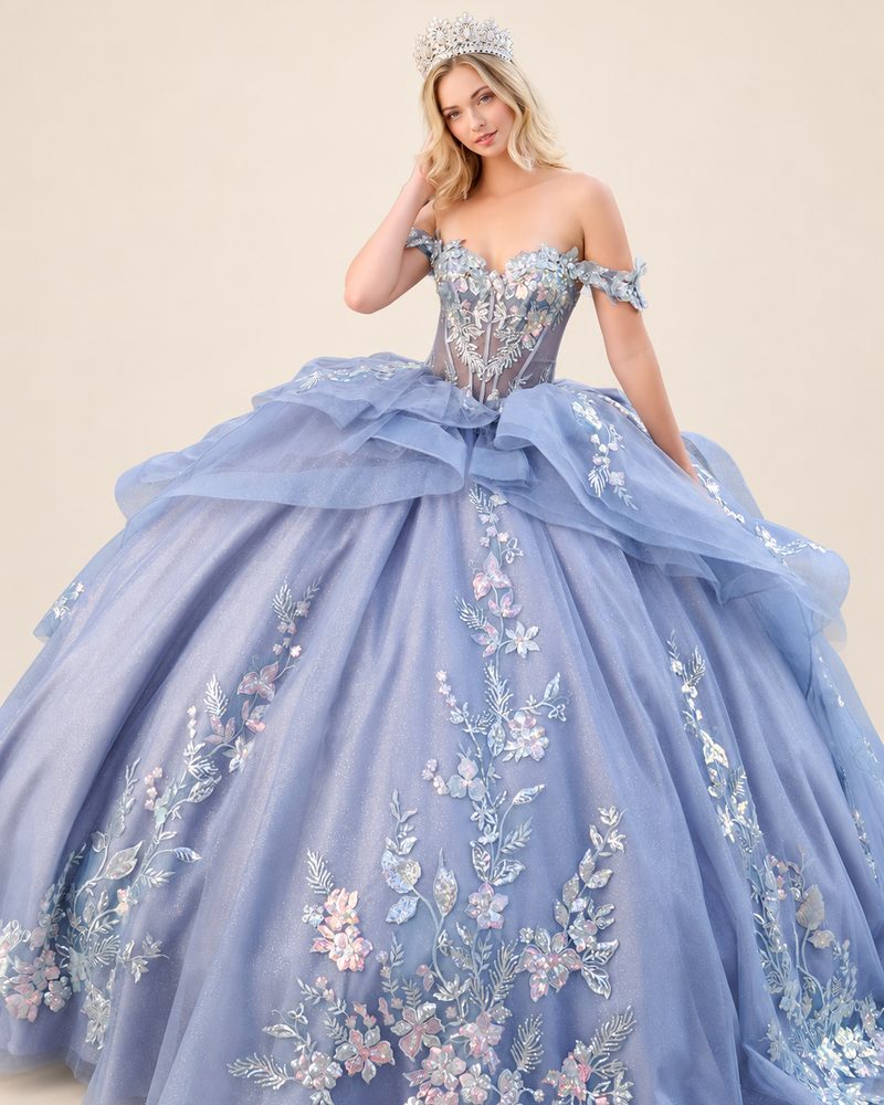 Vestido de XV Elba en color azul cenizo