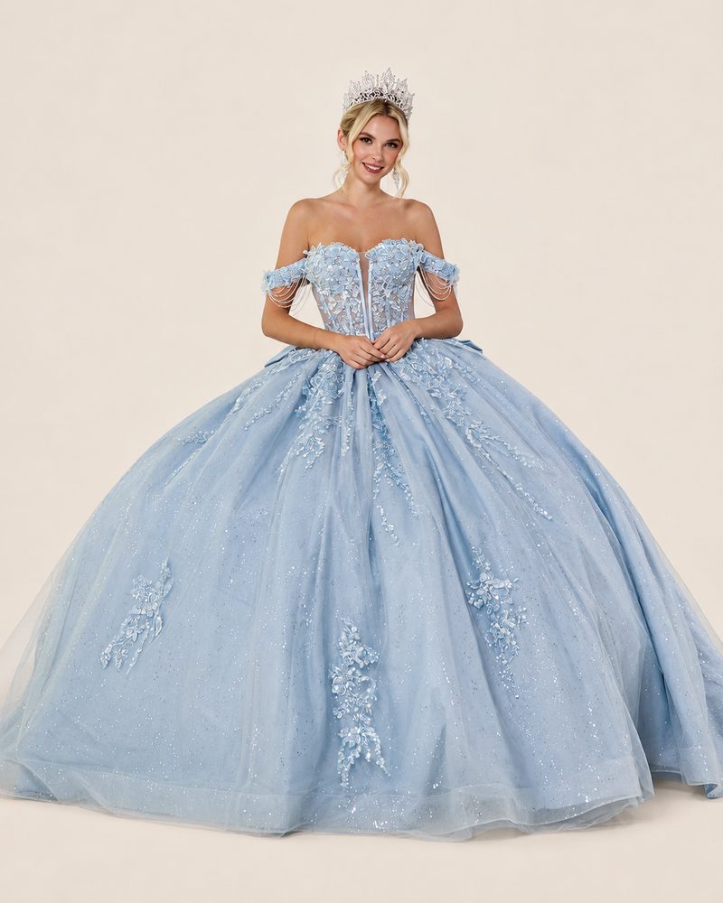 Vestido de XV Kendra en color azul cenizo