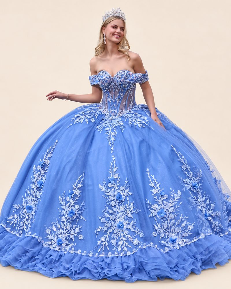 Vestido de XV Lorna en color azul cenizo