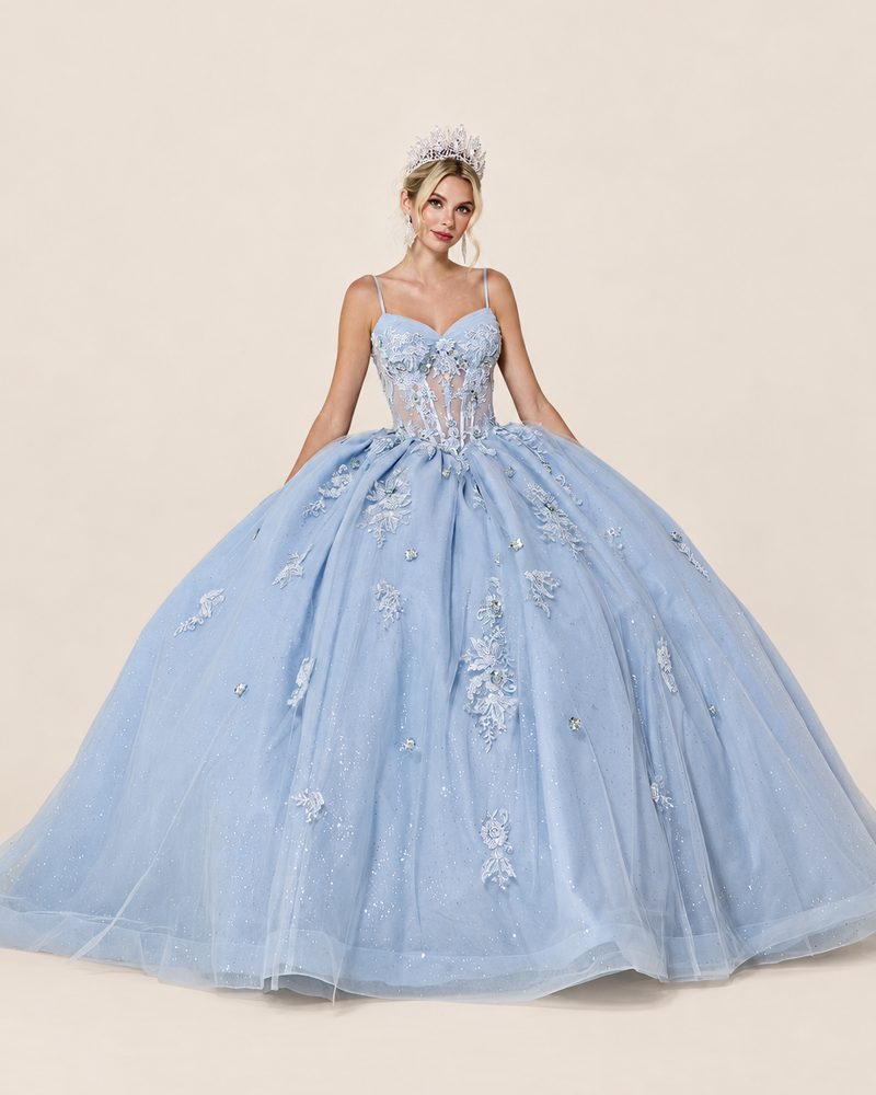 Vestido de XV Melany en color azul cenizo