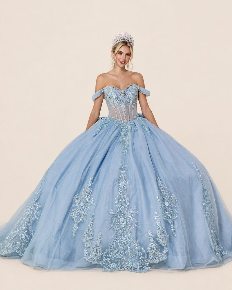 Vestido de XV Mireya en color azul cenizo