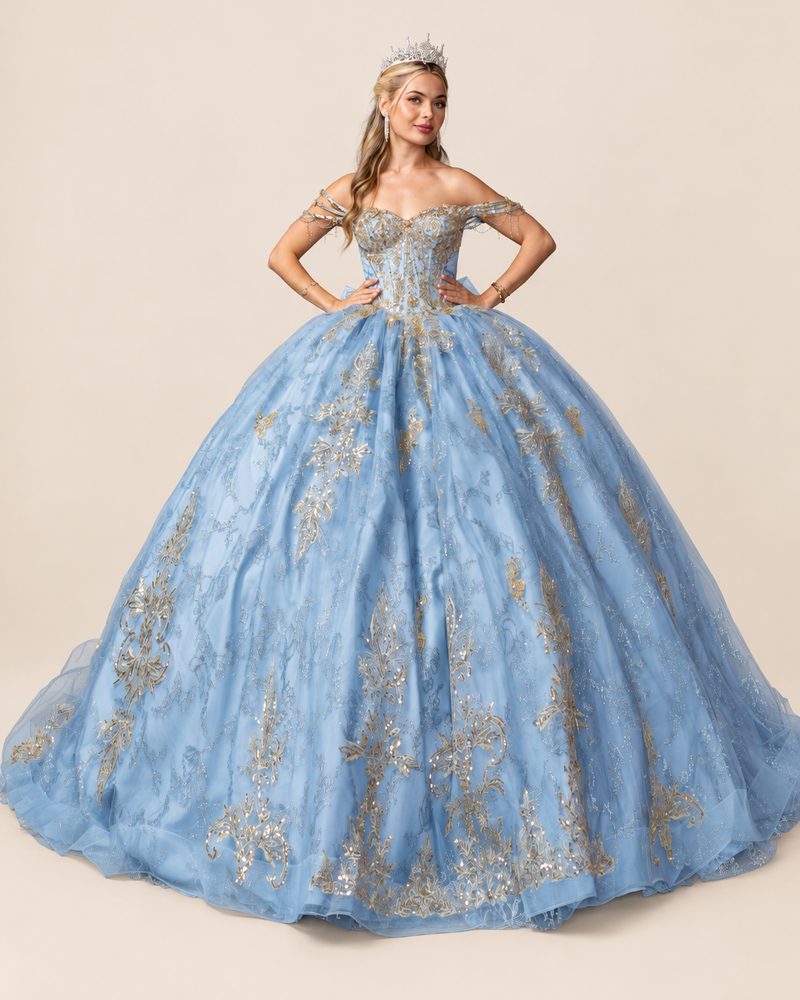 Vestido de XV Nina en color azul cenizo