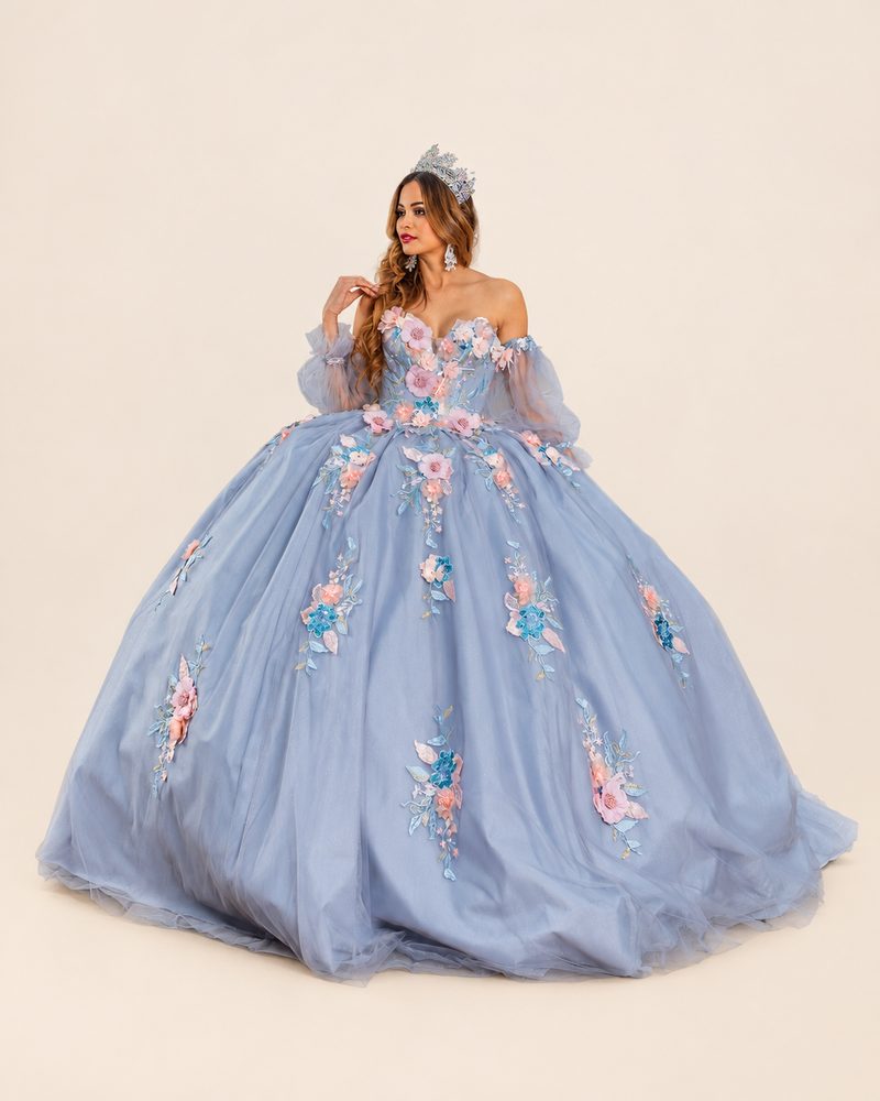 Vestido de XV Tati en color azul cenizo